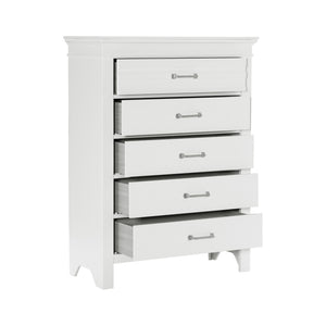 English Elm 5 Drawer White Wood Chest Farmhouse Transitional Style with Antique Nickel Pulls B011P220618