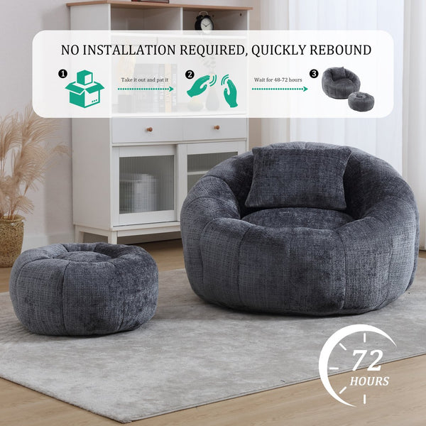 English Elm UNITED Cloud-Luxe Chenille Memory Foam Bean Bag Chair with Ottoman and Pillow for Ultimate Comfort Gray W1568P361697