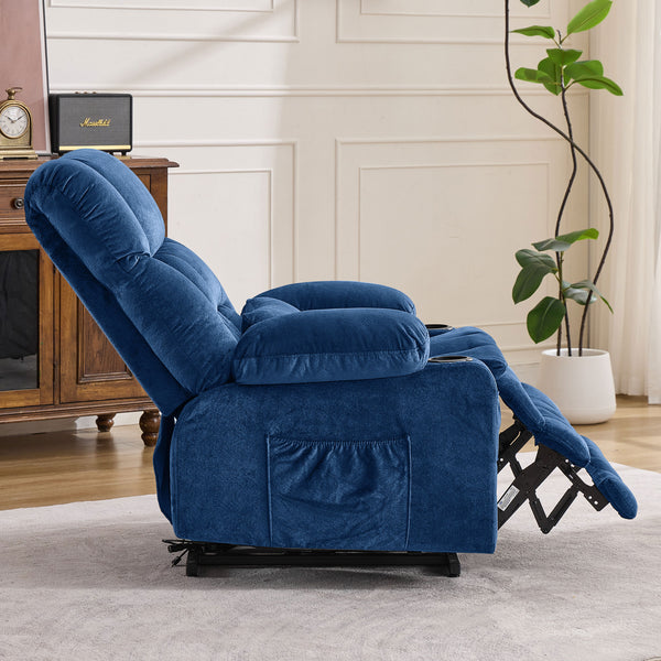 English Elm Dual Motor Large Power Lift Recliner Chair with Waist Kneading & Heat, Extended Footrest, USB Ports Blue W1521S00073