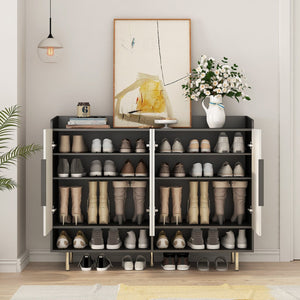 English Elm Sideboard,shoe Cabinet Four Door Entryway Organizer with Adjustable Shelves Modern Black W1321S00042