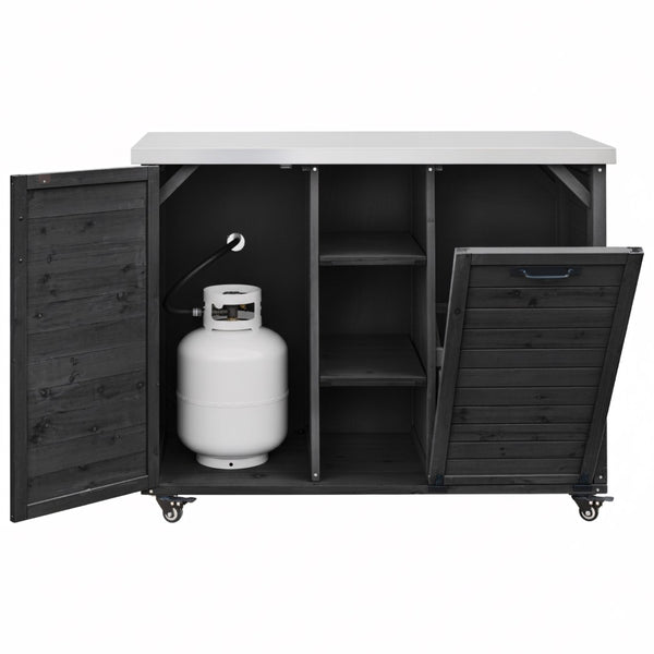 English Elm K&k Outdoor Rolling Kitchen Island Fir Wood Stainless Steel Top with Foldable Prep Station Black N707P370276B
