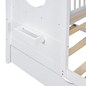 English Elm Wooden Full Size House Bed with Trundle and Built-In Shelves — Modern Pine Frame, Whimsical Roof Design White 57.2 L x 16.25 W x 5.9 H N733S316125K