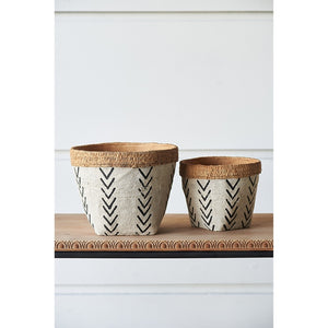 English Elm Set Of 2 Stylish White & Brown Cement Planters With Bold V Pattern For Indoor/Outdoor Plants W2078P322889-GIGA
