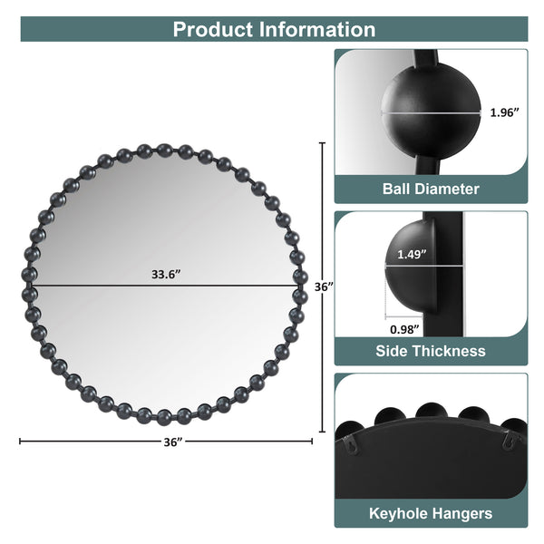 JLA Home Madison Park Signature - 36" Large Decorative Round Mirror with Beaded Metal Frame, Matte Finish, HD Glass, Statement Piece Black MPS95F-0037