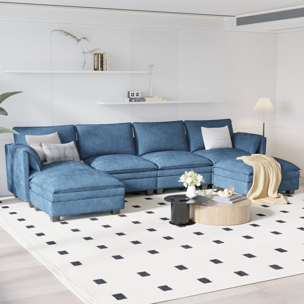 English Elm 141.5'' Large U-Shaped 6-Seater Sofa With Movable Ottoman, Modern Fabric Couch For Ultimate Comfort W680S00042