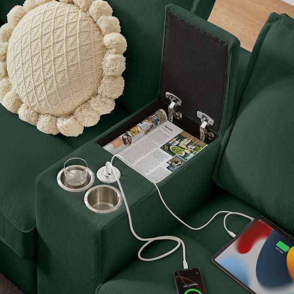 English Elm 120" Modular Corduroy Sectional Sofa Bed with Storage, U-Shaped 4-Seater, Cup Holders & Console Green W1359S00011