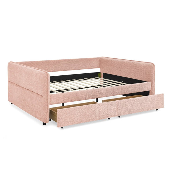 English Elm Queen Boucle Tufted Daybed Sofa with Storage Drawers Eucalyptus Frame Guest Room Pink W1413S00178