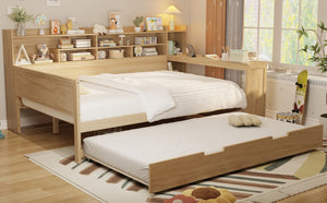 English Elm Wooden Twin Daybed with Trundle Built-in Desk and Open Shelves for Kids Rooms Natural N733S373391M