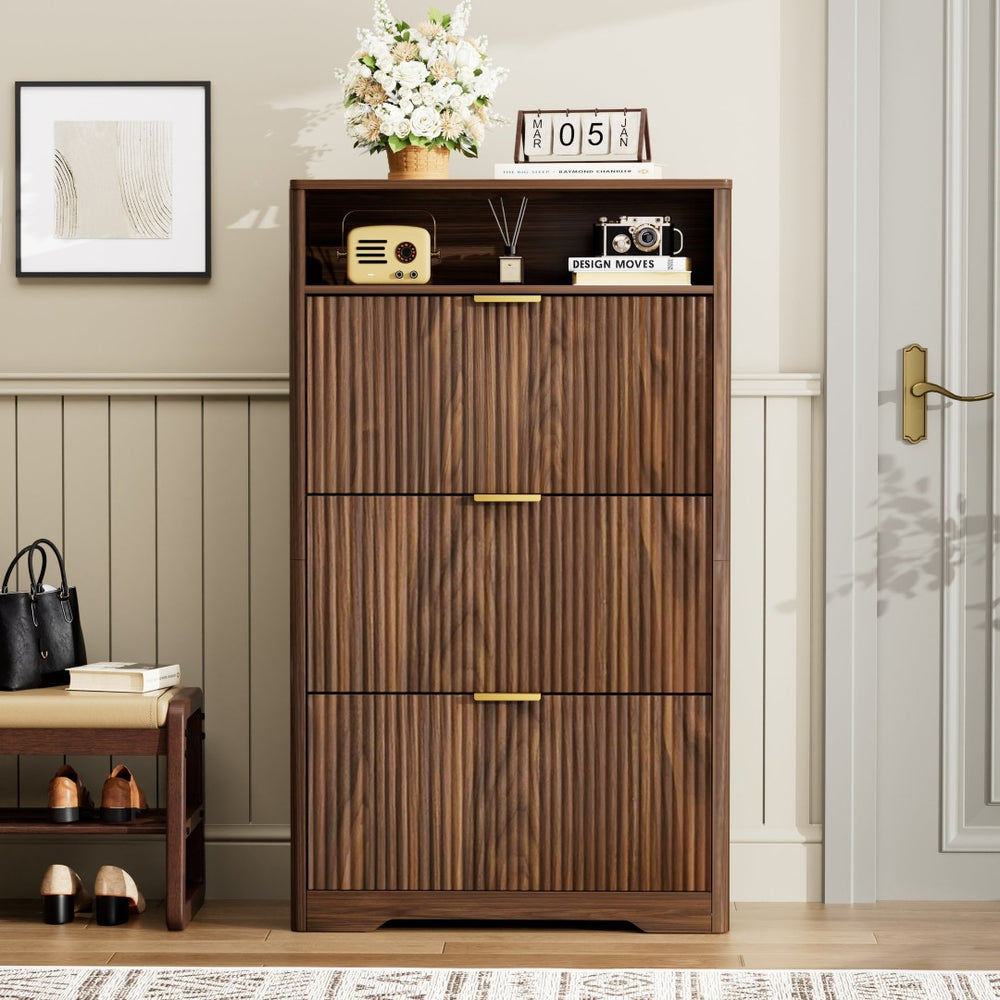English Elm Shoe Cabinet Slim Entryway Organizer with Flip Compartments Wave Front and Gold Hardware Walnut W1162P384347