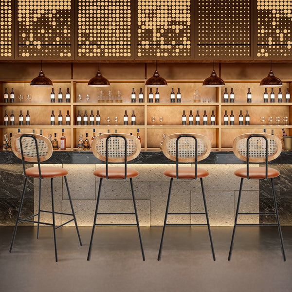 English Elm Counter Stools Set of 4 Brown Faux Leather Counter Stools with Rattan Back, 30" Metal Frame Comfort T3623P411293