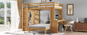 English Elm Queen Over Twin Bunk Bed With Built-In Desk, Storage, And Dismountable Lower Bed - Natural Wood W1580S00216-GIGA