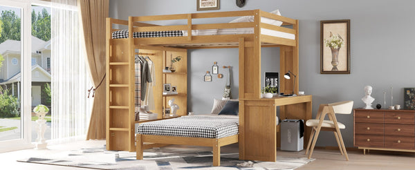 English Elm Queen Over Twin Bunk Bed With Built-In Desk, Storage, And Dismountable Lower Bed - Natural Wood W1580S00216-GIGA