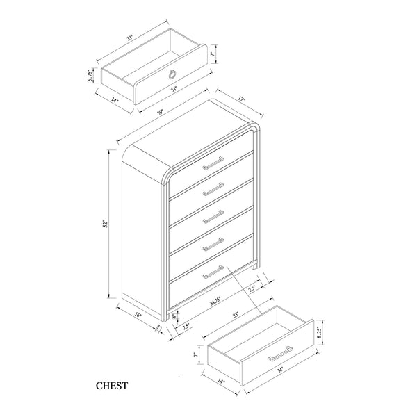 English Elm Malco Solid Wood Chest with Acrylic Bar Handles, Gold Detailing, Rounded Edges and Spacious Drawers Oak 42.25 L x 20.5 W x 56.25 H B201P391803