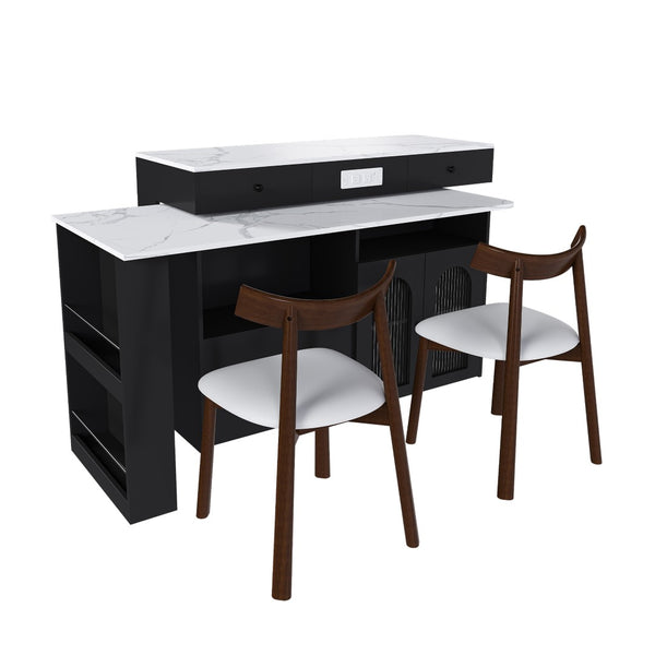 English Elm Kitchen Island Dining Set Marble Veneer Rotating Top Solid Wood Chairs Retro Modern White W2700S00120