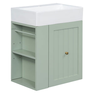 English Elm 20-Inch Compact Bathroom Vanity with Ceramic Sink, Wall-Mounted MDF Cabinet, Modern Space-Saver Design Green N725P314023F