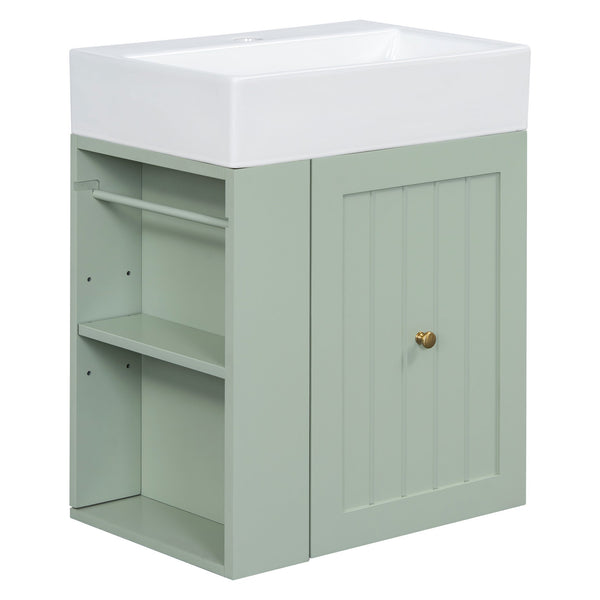 English Elm 20-Inch Compact Bathroom Vanity with Ceramic Sink, Wall-Mounted MDF Cabinet, Modern Space-Saver Design Green N725P314023F