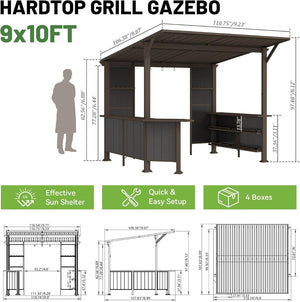 English Elm 9x10ft Hardtop Outdoor Grill Gazebo Galvanized Steel Canopy with Shelves for Patio Brown W1859S00181