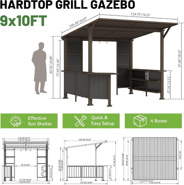 English Elm 9x10ft Hardtop Outdoor Grill Gazebo Galvanized Steel Canopy with Shelves for Patio Brown W1859S00181