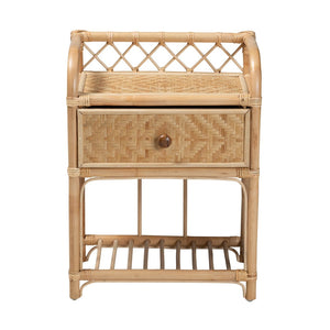English Elm Modern Bohemian Rattan Woven Nightstand with Drawer and Open Shelf for Bedroom B2750P467647