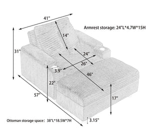 English Elm Orange Corduroy Single Sofa with Ottoman Storage, Built-In Armrest Compartments, Removable Pillow Covers W1658S00140