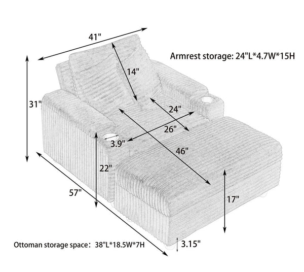 English Elm White Corduroy Single Sofa with Built-In Arm Storage, Ottoman Storage, Removable Covers, 57" W1658S00138