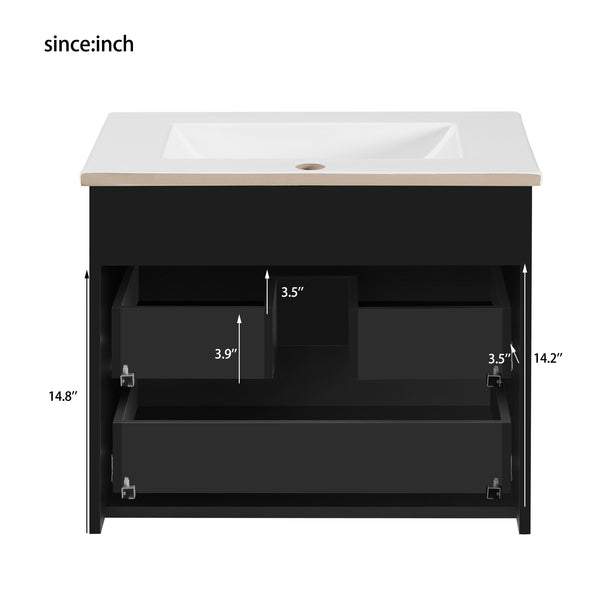 English Elm 24inch Bathroom Vanity with Sink - Wall-Mounted Floating Combo with Ceramic Basin, Modern L-Handle Design Black N710S324097B