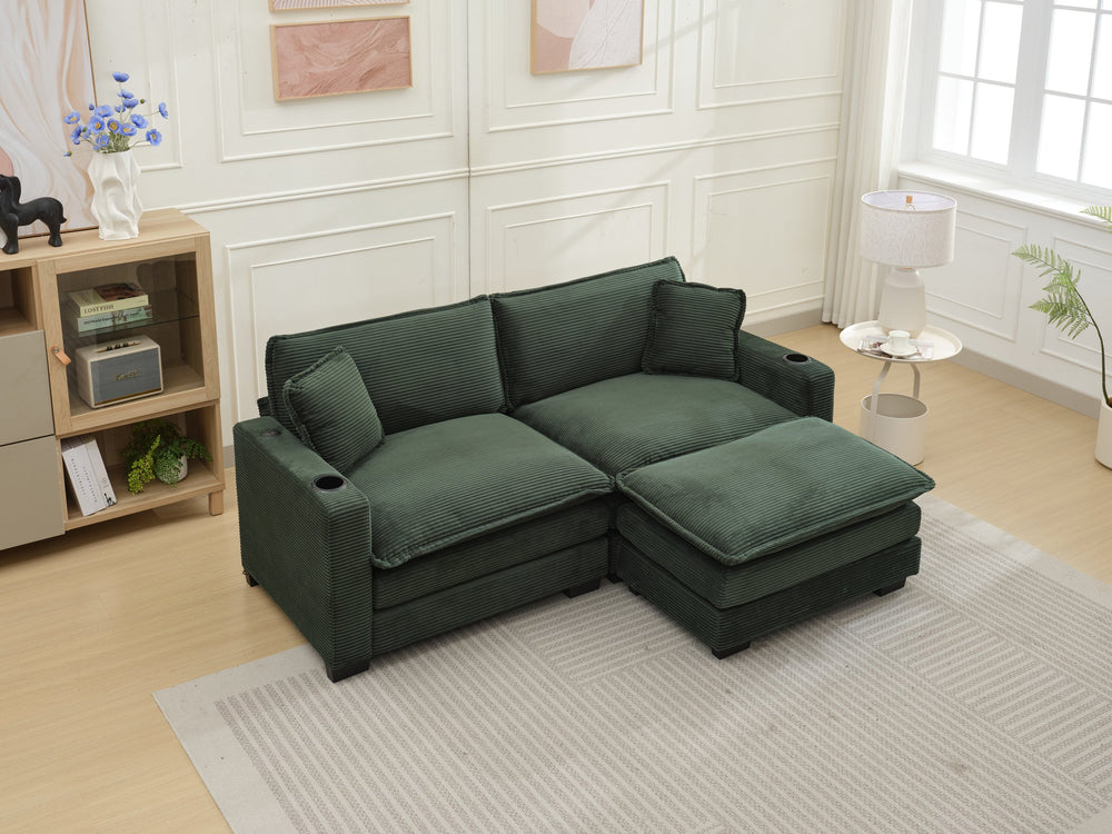 English Elm L Shape Sofa Couch With Usb Port & Cup Holder - Green Corduroy 2-Seater Sectional & Footstool W2100S00137