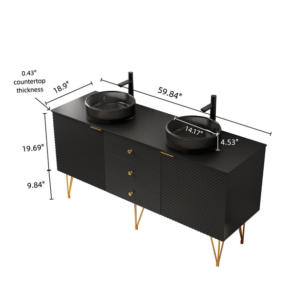 English Elm Gema 60" Freestanding Bathroom Vanity With Gold Legs, Dual Glass Basins & Durable Stone Top Upgrade W2615S00313