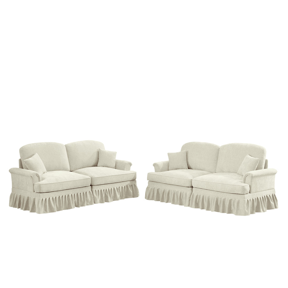 English Elm Classic 2-Piece Modular Couch Set - Flared Arms, Removable Skirts, Chenille Upholstery, Beige White W3041S00232