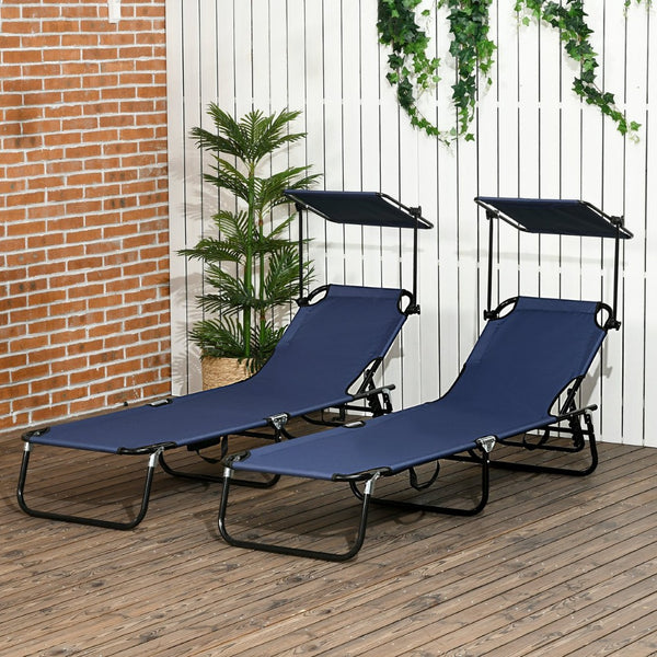 English Elm Outsunny Folding Chaise Lounge Chairs Set With Canopy Shade, Adjustable Recline & Side Pocket Storage W2225P200746-GIGA
