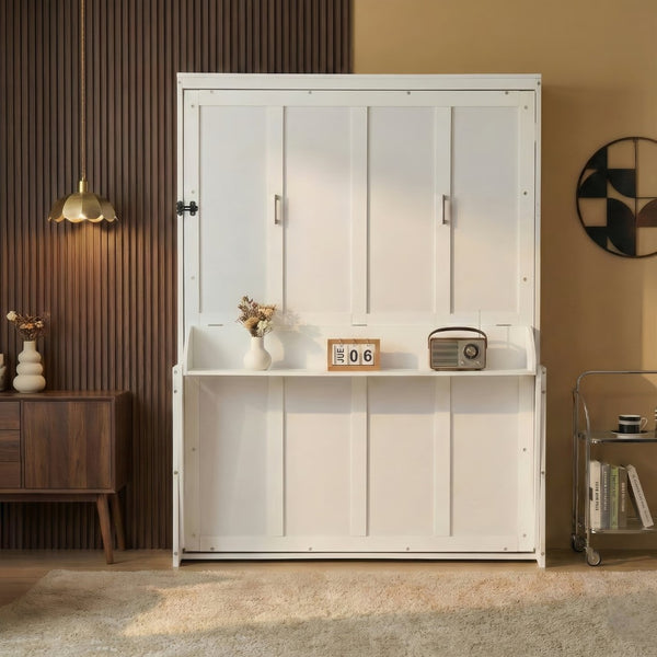 English Elm Queen Murphy Wall Bed with Integrated Desk Gas Strut Lift White Cabinet for Small Spaces W504S00282
