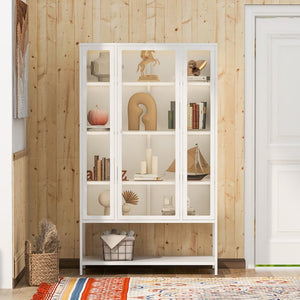 English Elm 67.25'' Tall Steel Curio Cabinet with Led Lighting and Tempered Glass Panels White SN845P263995W
