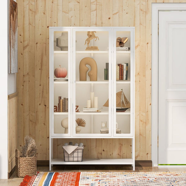 English Elm 67.25'' Tall Steel Curio Cabinet with Led Lighting and Tempered Glass Panels White SN845P263995W