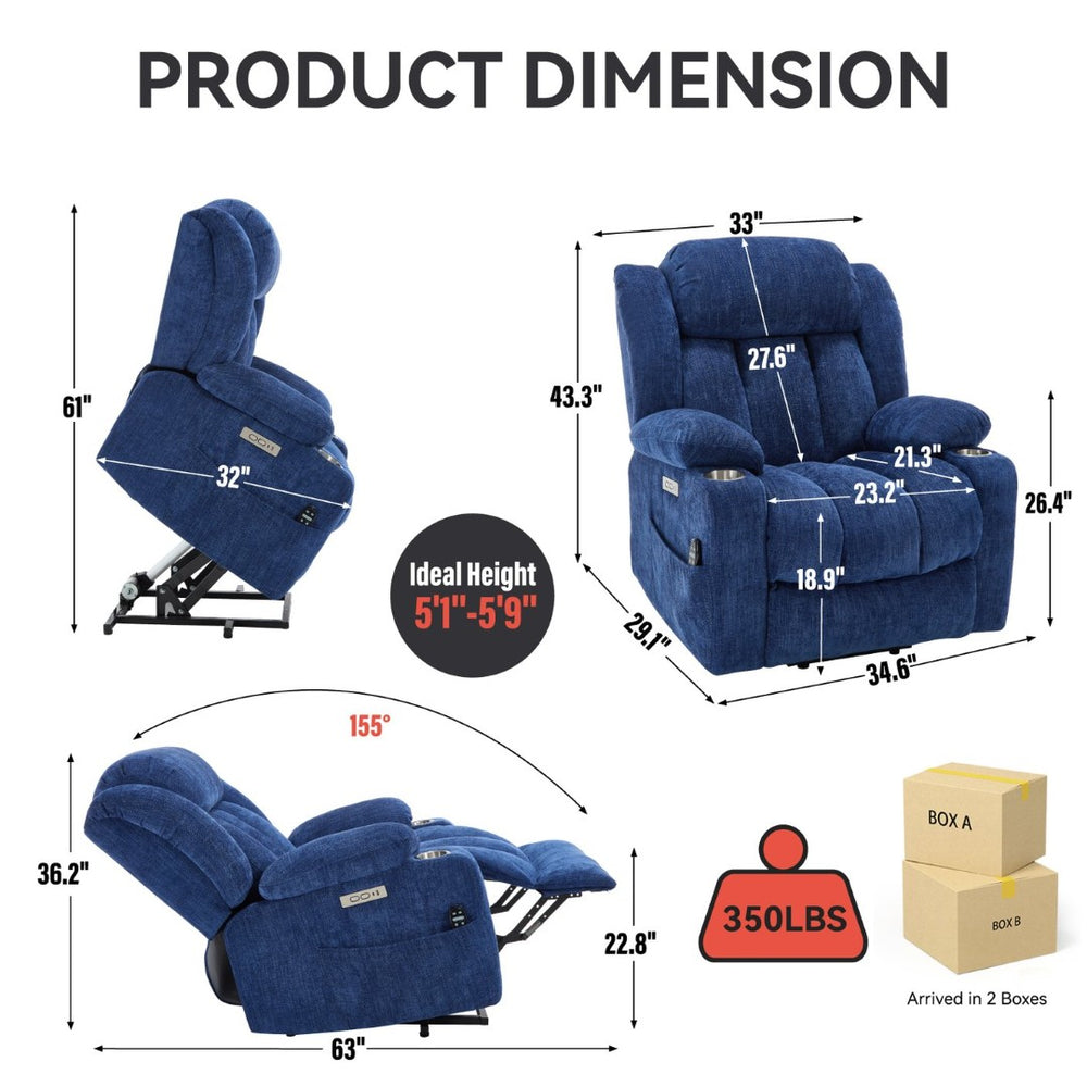 English Elm Up to 350 Lb Chenille Power Lift Recliner with Massage Heat and Charging Ports W1803S00070