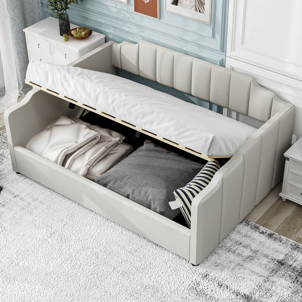 English Elm Upholstered modern daybed with under-bed storage drawers, full-size platform frame for guests Beige DL002033AAA