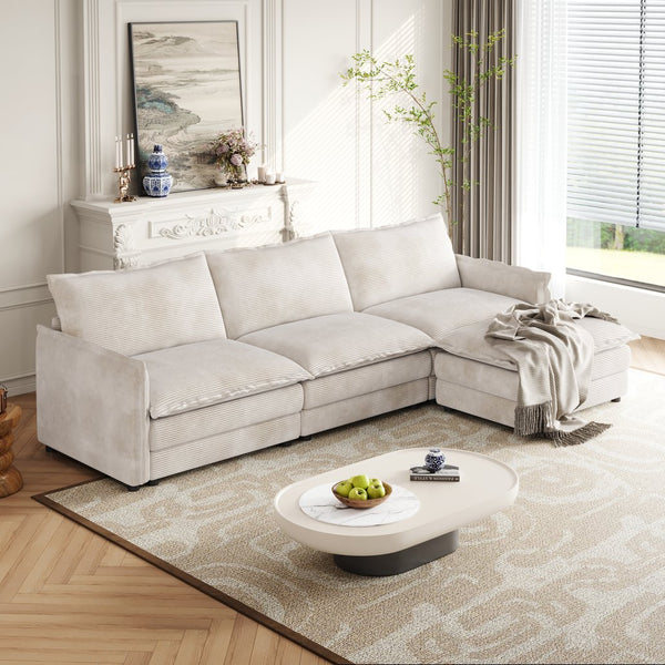 English Elm Corduroy 3-Seater L-Shaped Cloud Couch With Movable Ottoman For Ultimate Comfort And Style W834S00430