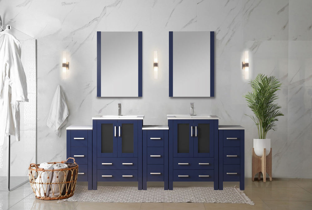 English Elm Navy Double Bath Vanity 84" W x 18.25" D with Side Cabinet, White Ceramic Top, Chrome Faucet Set, Soft-Close Storage B2731S01174