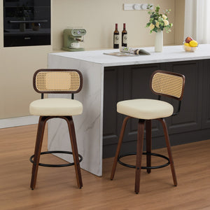 English Elm Set of 2 Rattan Counter Stools with Cane Back and PU Upholstery, 360° Swivel, Walnut Craftsmanship Beige W1143P300156