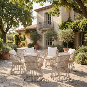 English Elm Outdoor Wicker Dining Chair with Fan Back Teak Finish Steel Frame and Cushion Included N770P385227B