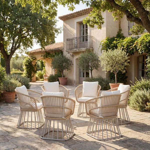 English Elm Outdoor Wicker Dining Chair with Fan Back Teak Finish Steel Frame and Cushion Included N770P385227B