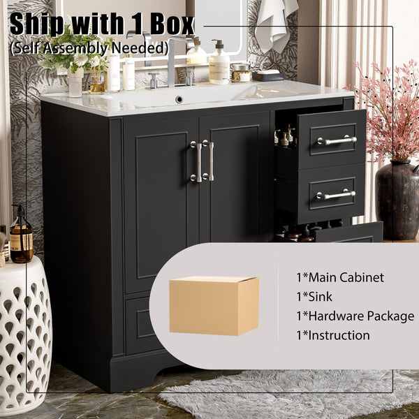 English Elm 36" Traditional Bathroom Vanity with Ceramic Sink, Solid Wood Cabinet, Soft-Close Doors & Drawers Black N729P251630B