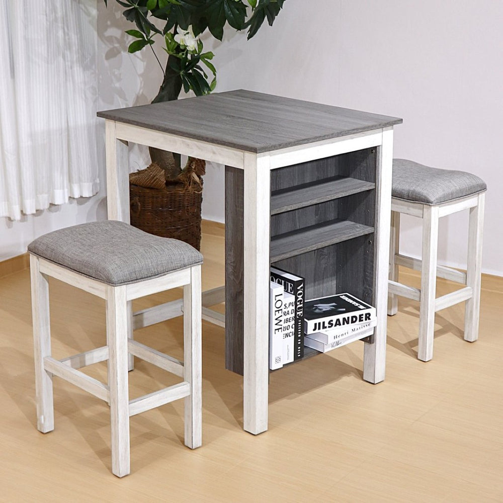 English Elm 3 Piece Counter Height Dining Set with Shelving Cushioned Stools Modern Farmhouse Kitchen Antique Gray,Antique White W2537P369838