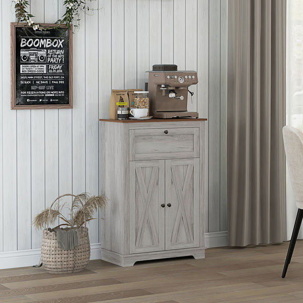 English Elm HOMCOM Rustic Farmhouse Sideboard Buffet Cabinet with Barn Doors, Drawer & Adjustable Shelves for Entryway Light Gray W2225P229126