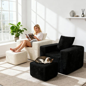English Elm Boneless Corduroy Lounge Chair with Ottoman High Back Accent Pillow No Assembly Black W5385P433290
