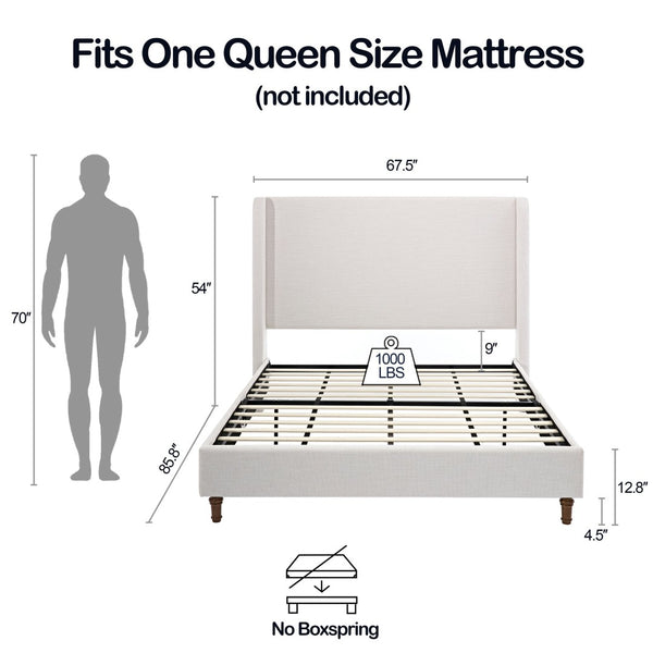 English Elm Carmen Wingback Queen Platform Bed Ivory Chenille Upholstered 54 Inch Tall Headboard B191P465330