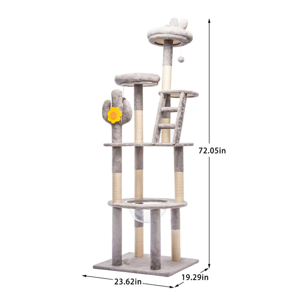 English Elm 72in Cactus Cat Tower Sisal Posts Plush Perches Capsule Pod Multi-level Climb Gray W1578P447629