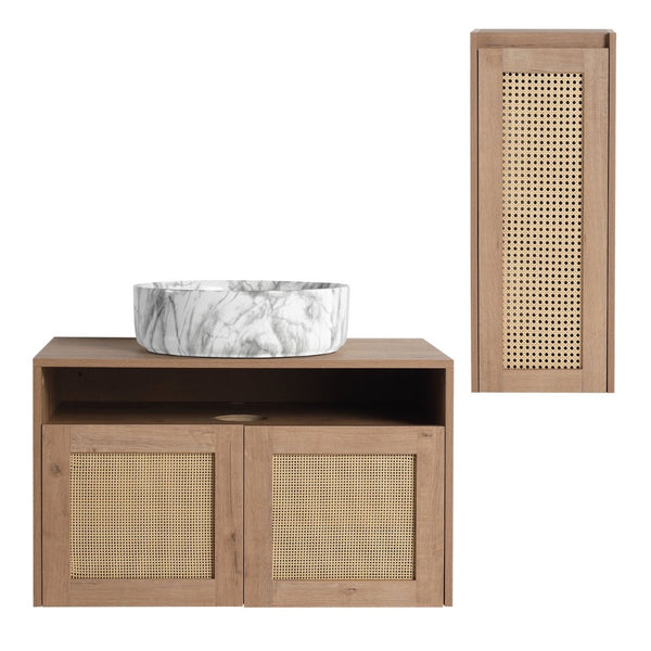 English Elm 30" Floating Bathroom Vanity Set with Ceramic Vessel Sink and Rattan Side Cabinet W999S00497