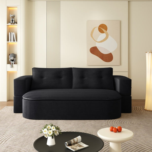 English Elm 78.7" Plush Corduroy Convertible Sleeper Sofa with Tufted Back and Foldable Floor Bed Black W3219P410146