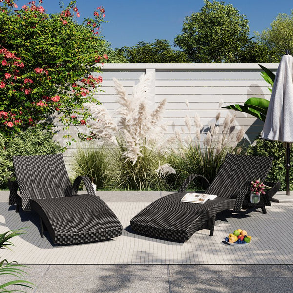English Elm K&K 80" Outdoor Wicker Chaise Lounge Set of 2 with 2000H UV Wicker, Pull-Out Side Table, 4-Position Recliner Black WF321204AAB