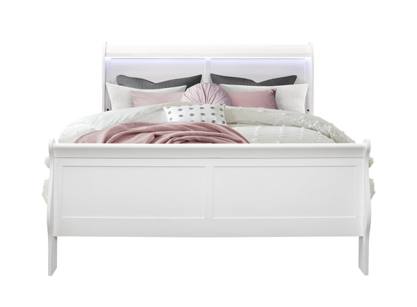 English Elm CHARLSTON Solid Wood Full Sleigh Bed with LED Headboard, Transitional Panel Design, Durable Finish White Queen B201S00008
